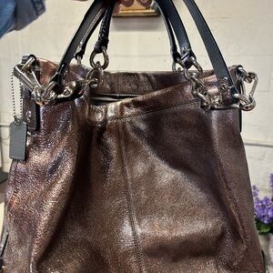 Y2K Coach Brooke Metallic Bronze Leather Tote with Chain and Black Handles